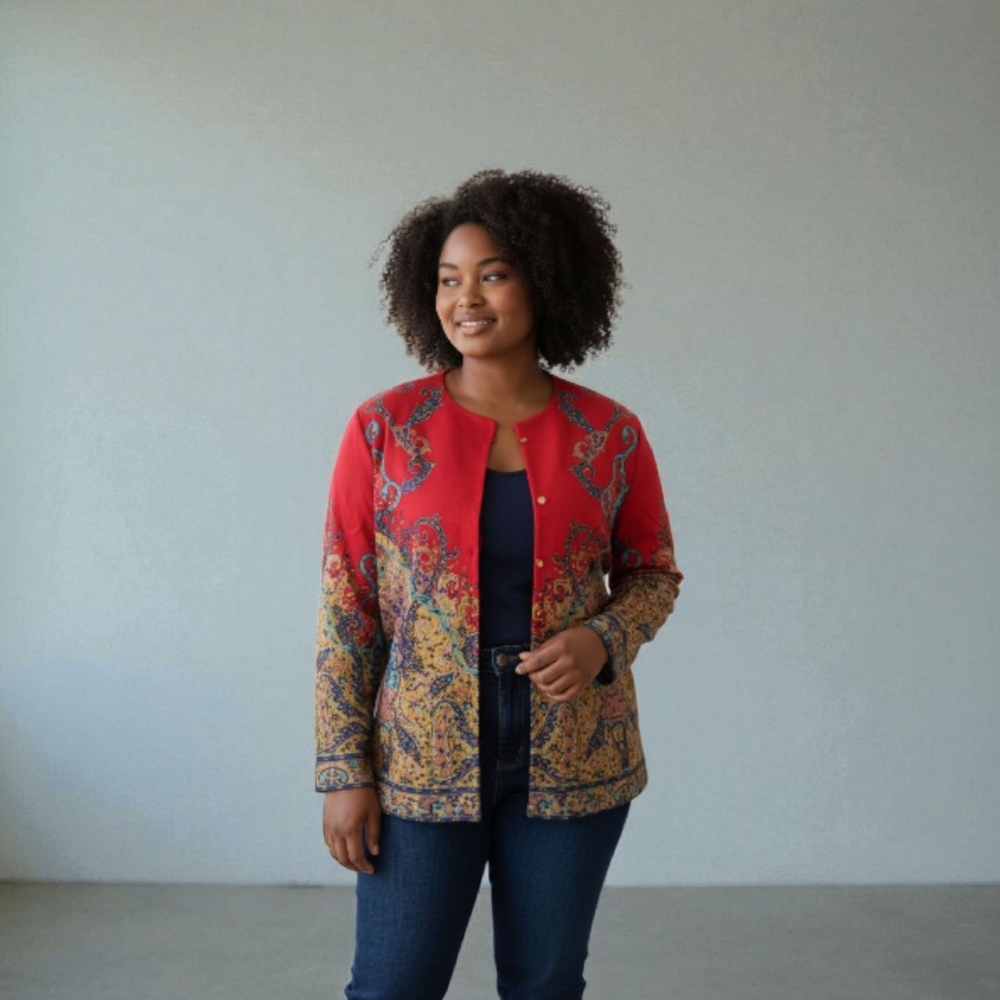 Vintage Silk Anne Grimmins Lightweight Red Print Blazer. Size 16.